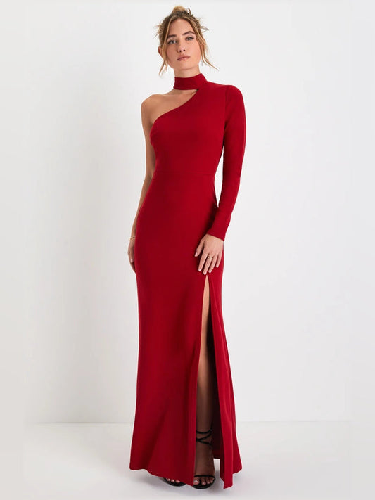 Red one-shoulder maxi dress with thigh-high front slit
