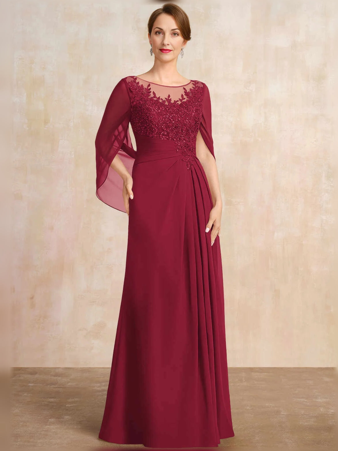 Burgundy chiffon A-line mother-of-the-bride dress with lace illusion neckline and draped sleeves