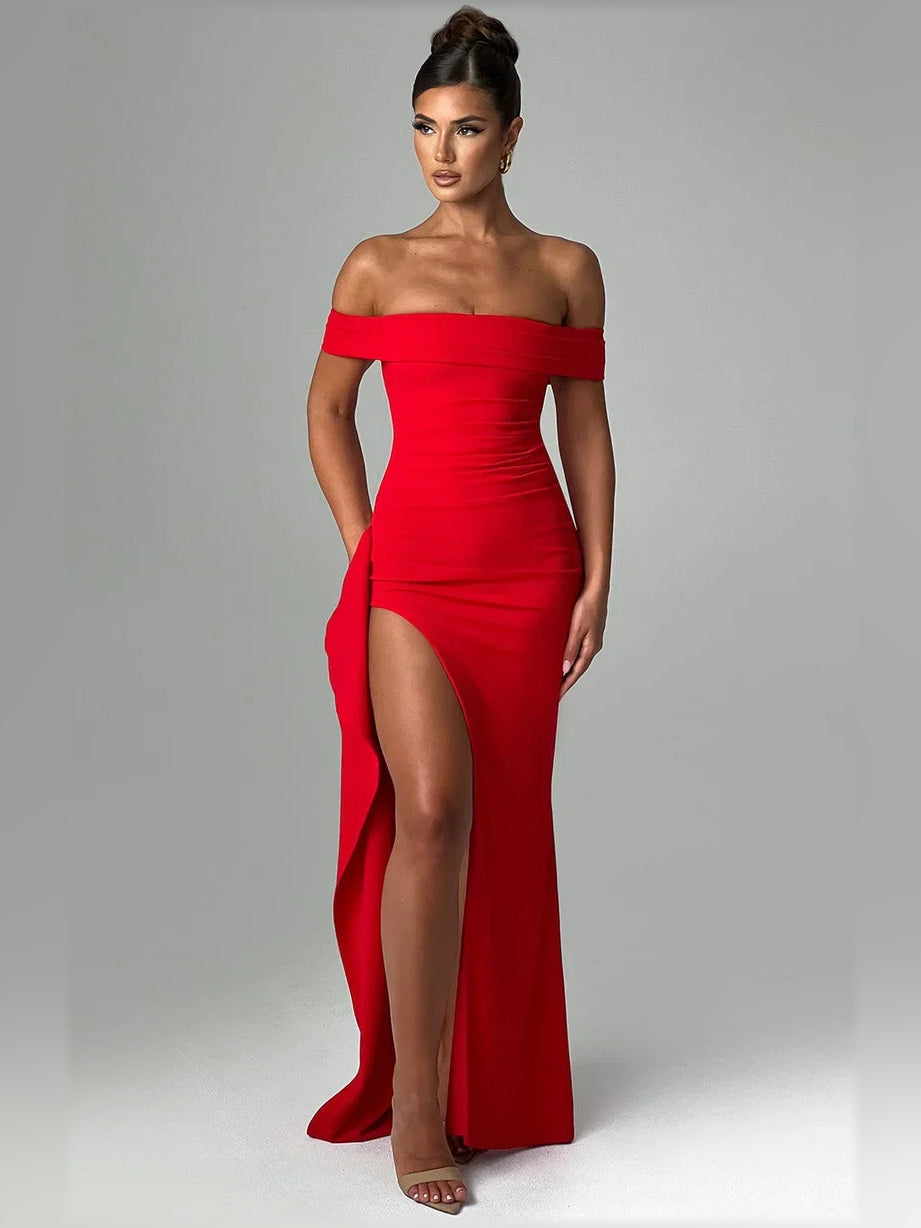 Red off-shoulder floor-length formal dress with ruching and high slit