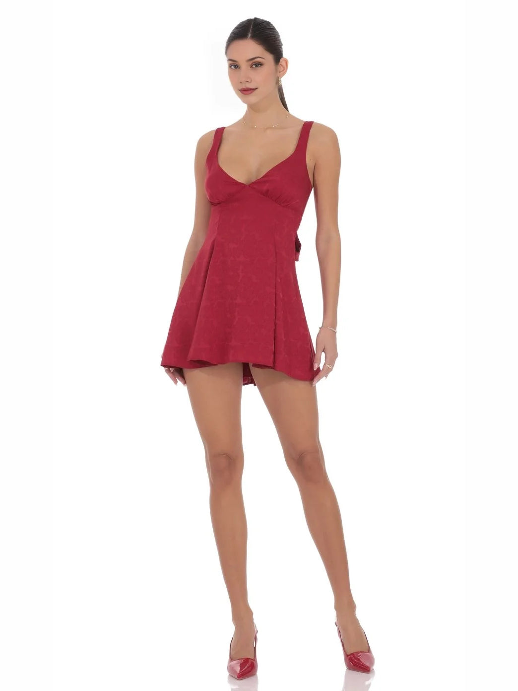Red satin mini dress with V-neck, gathered front, and A-line skirt