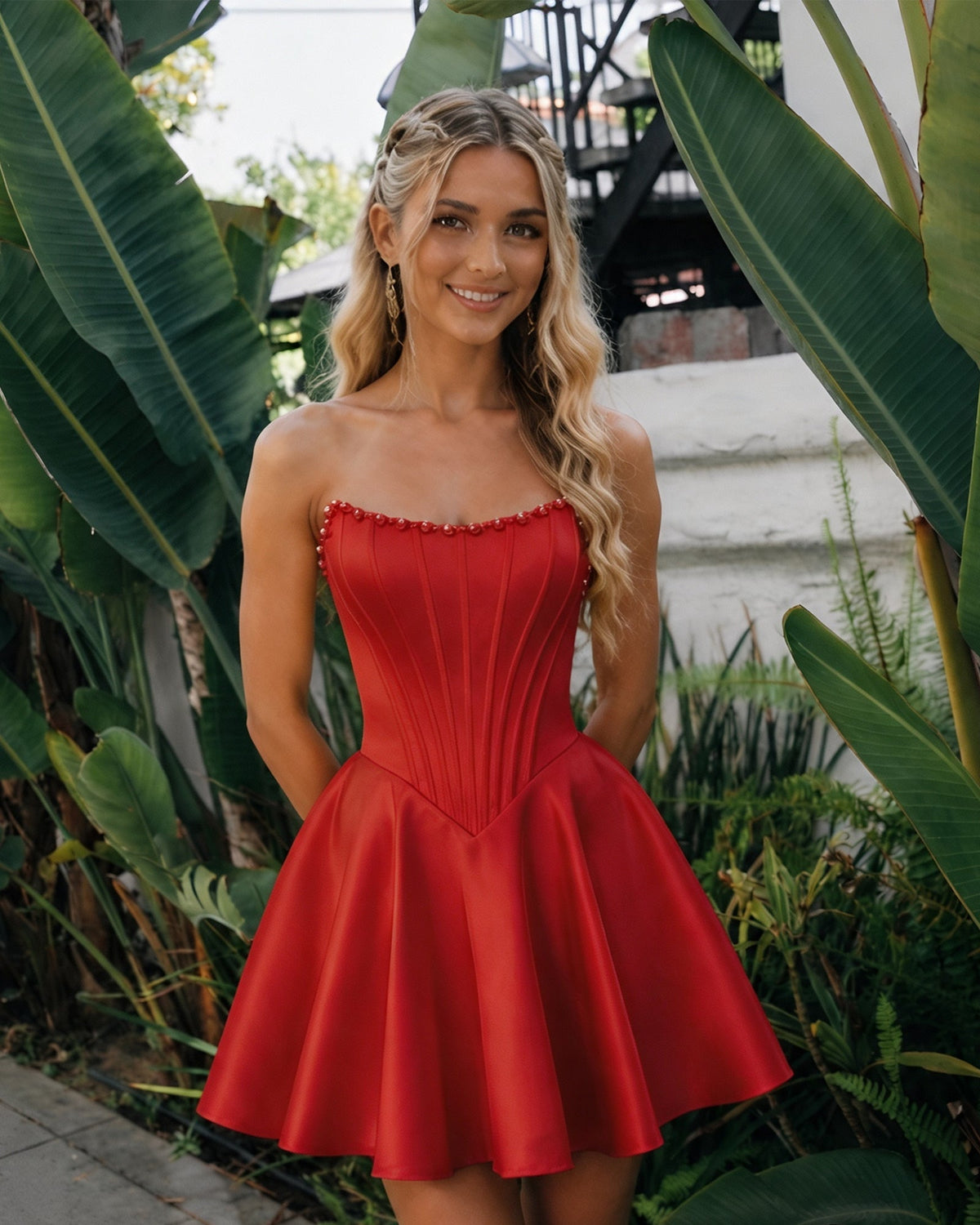 Strapless satin corset homecoming dress, red with pearl-trim neckline and flared skirt