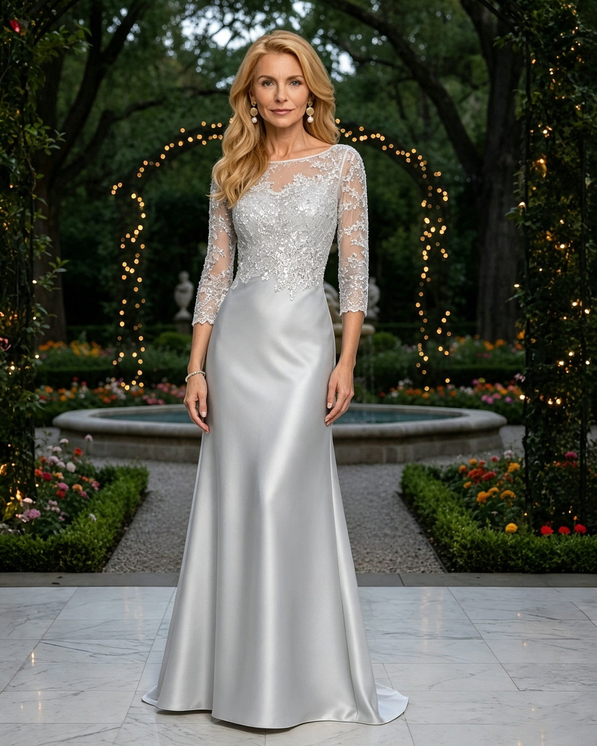 Silver satin mother of the bride dress with beaded lace illusion bodice and 3/4 sleeves