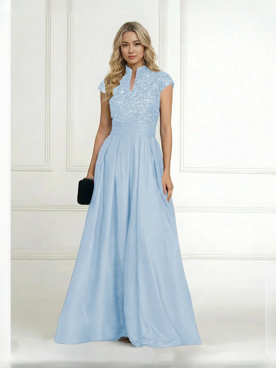 Powder-blue sequin high-neck A-line satin dress with pleated full skirt