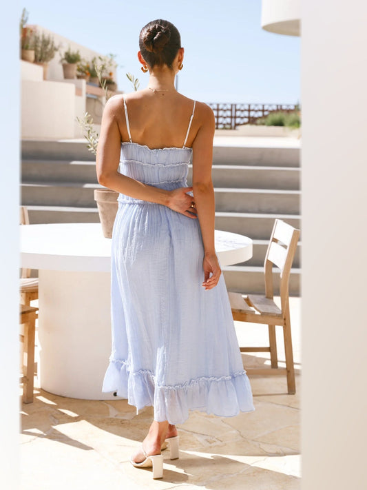 Light blue spaghetti-strap tiered ruffle midi dress, back gathered bodice and ties