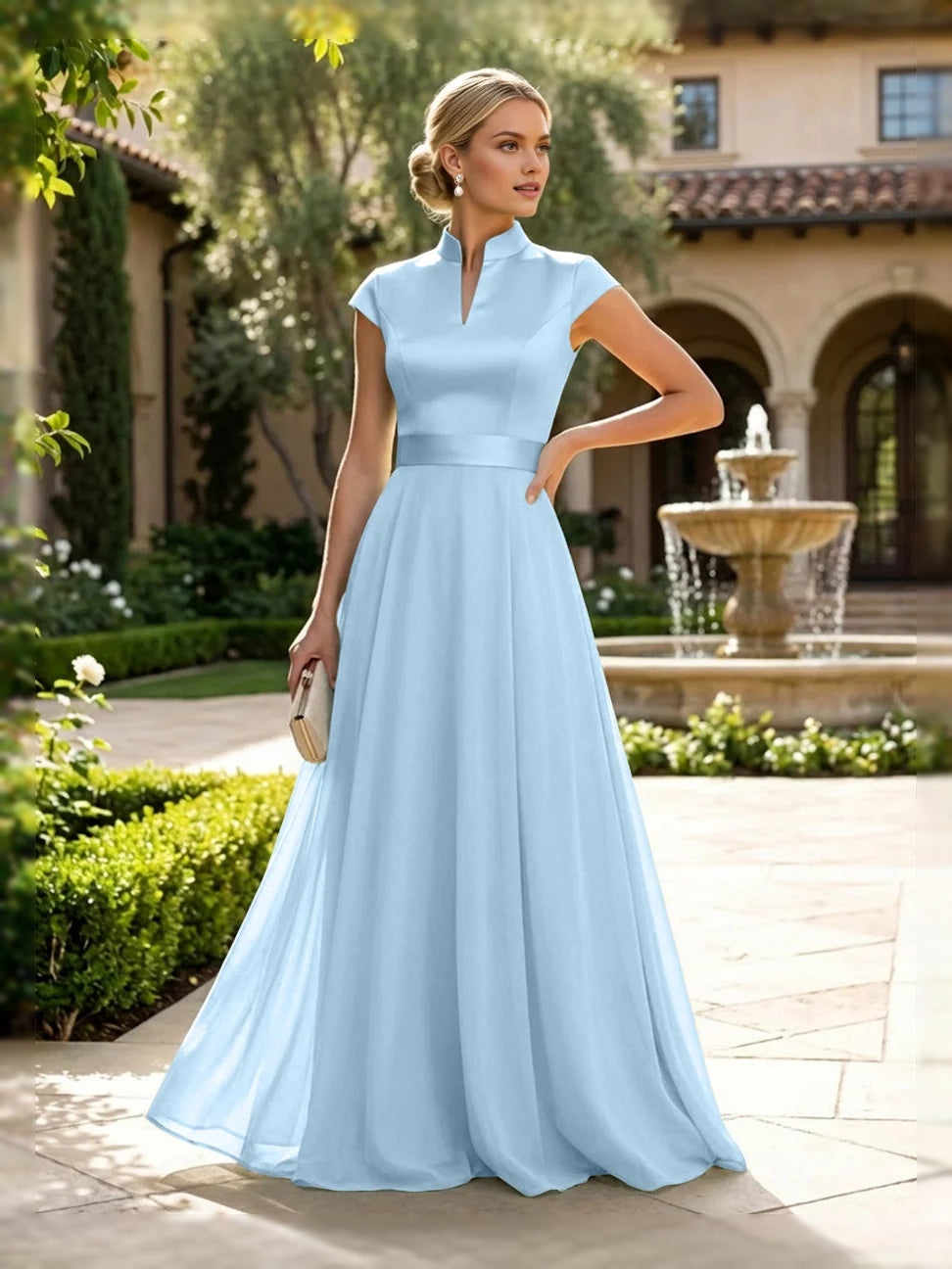 Light blue sleeveless high-neck A-line satin mother-of-the-bride dress, floor length