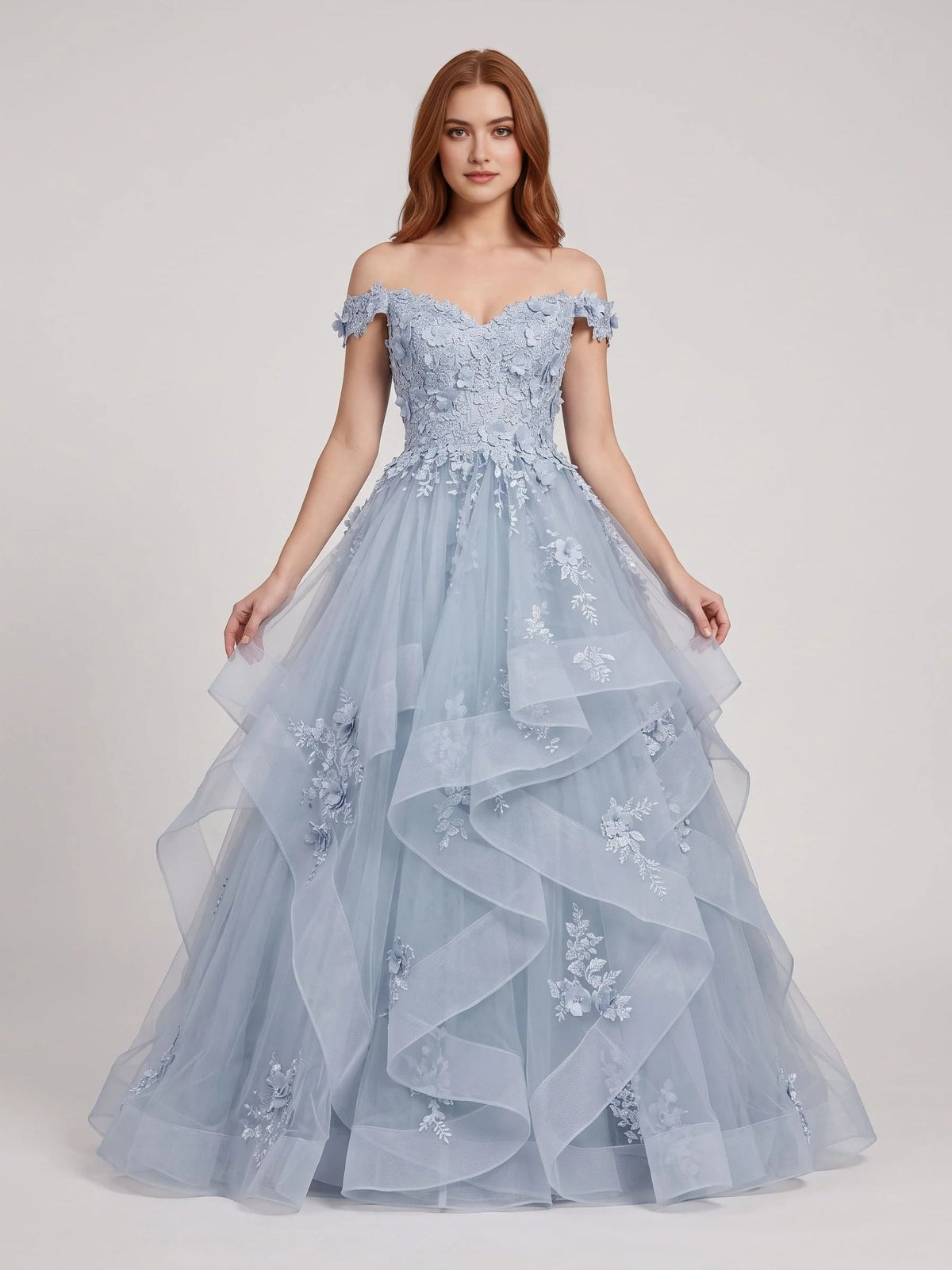 Light blue off-shoulder sweetheart tulle prom dress with layered ruffles and floral detailing