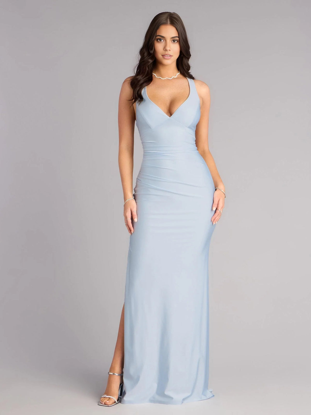 Light blue ruched V-neck mermaid maxi prom dress with side slit and spaghetti straps
