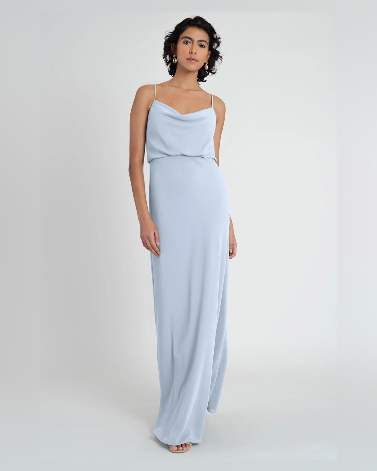 Light blue draped cowl-neck A-line floor-length dress with spaghetti straps
