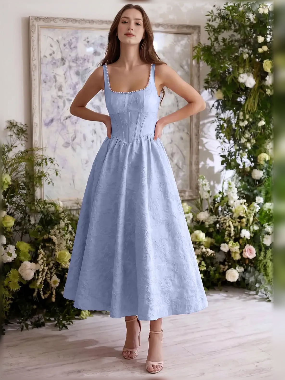 Light blue square-neck corset tea-length dress, front view, sleeveless beaded straps