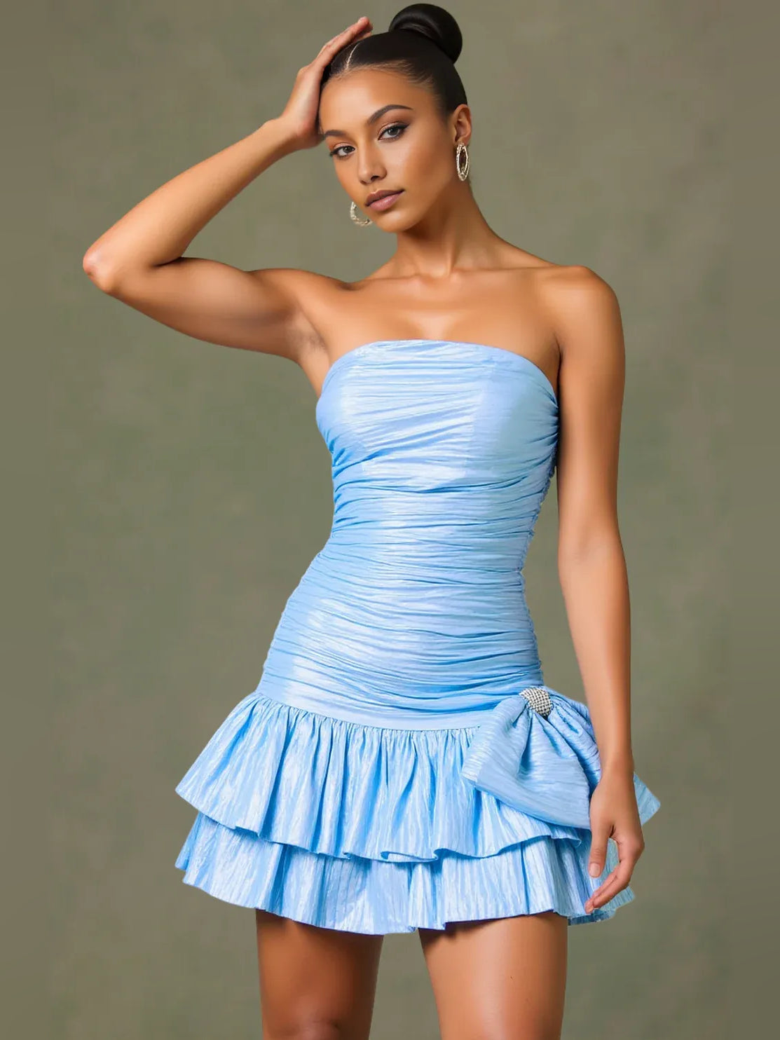Light blue strapless ruched mini dress with layered ruffle skirt and side bow