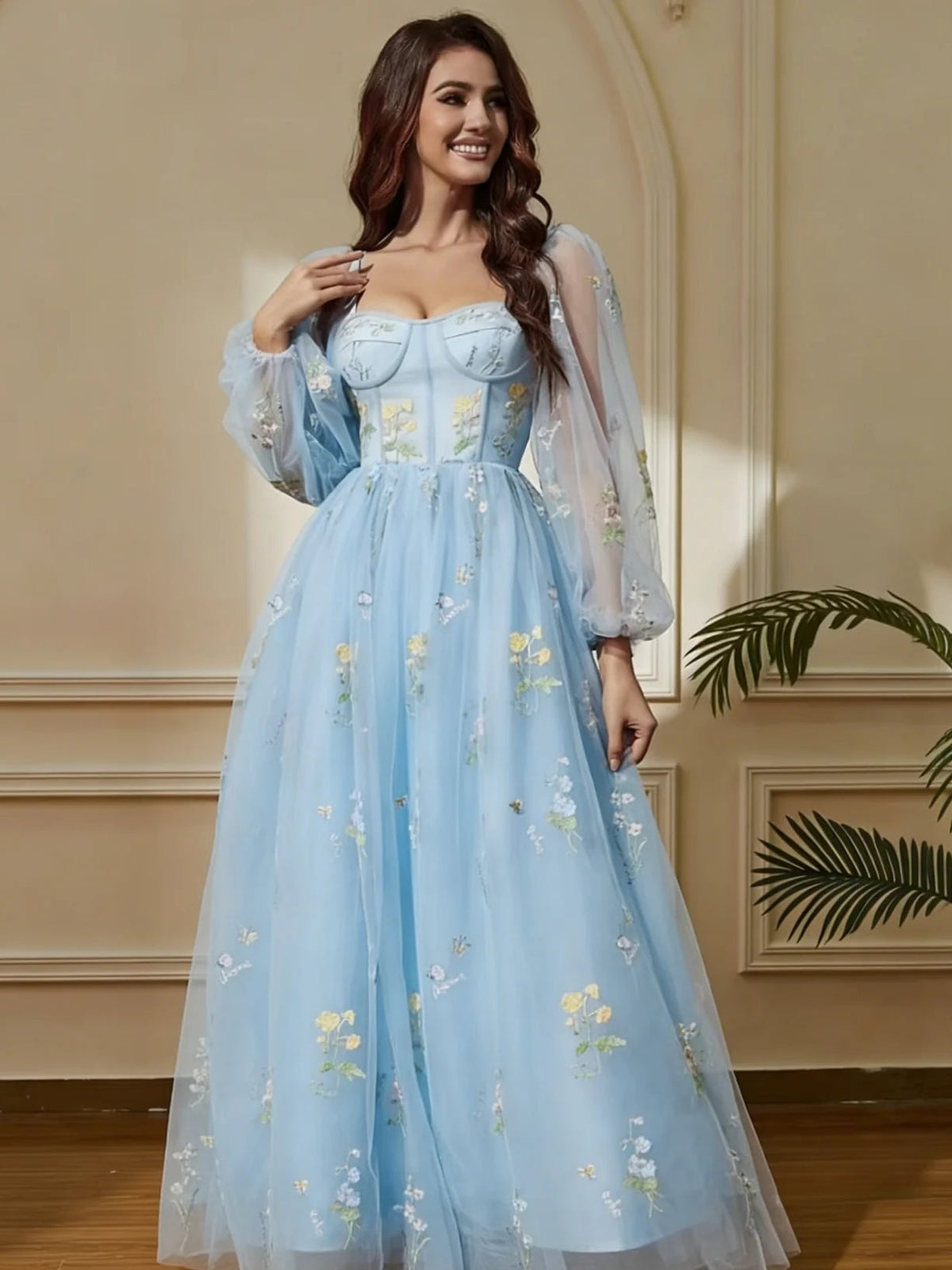 Light blue sweetheart A-line midi prom dress with sheer puff sleeves and floral embroidery