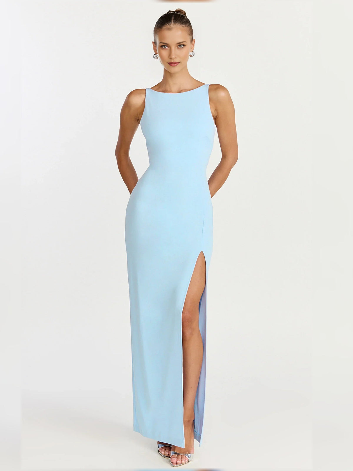 Light blue sleeveless sheath formal dress with side front slit, floor-length