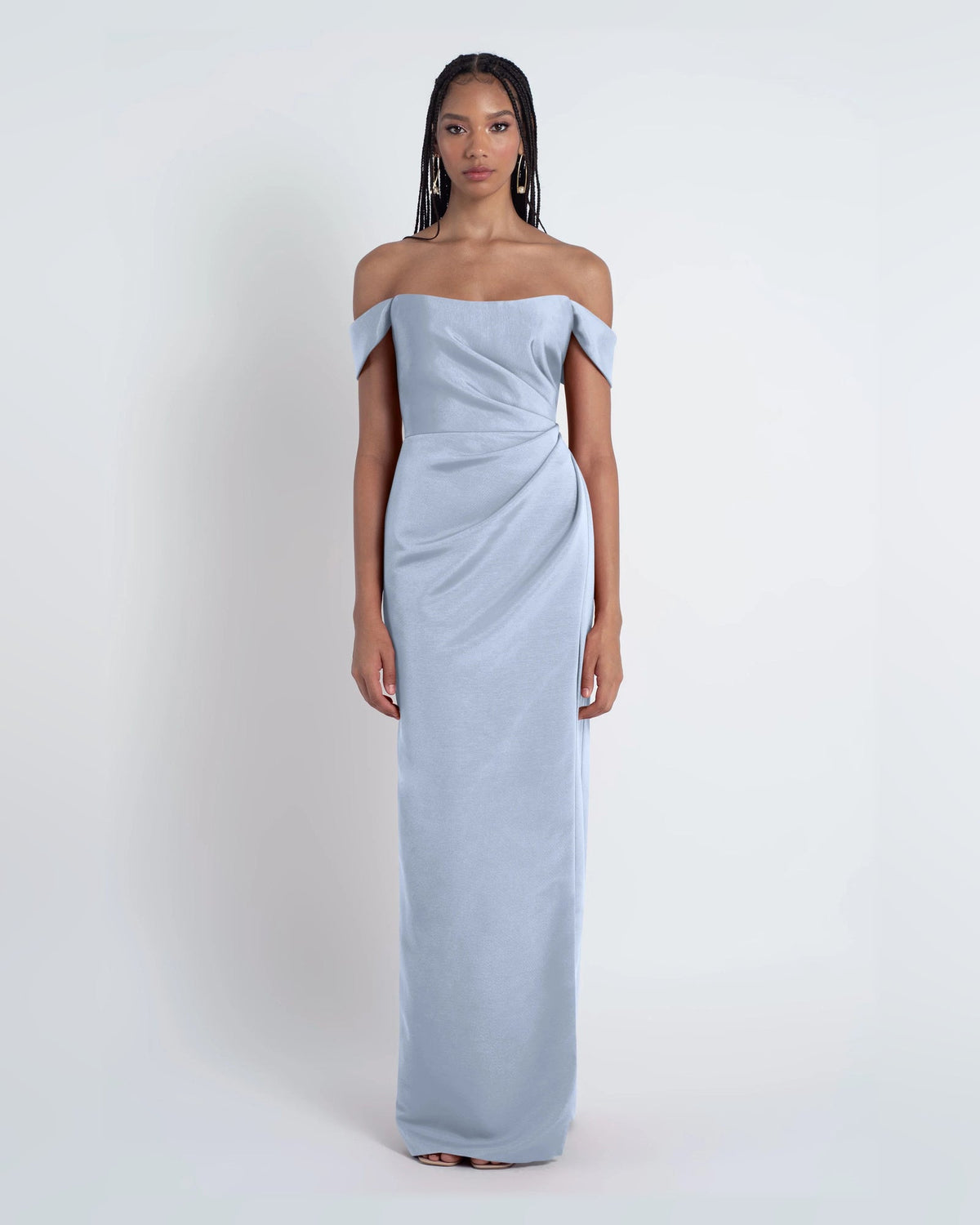 Light blue off-shoulder A-line formal maxi dress with draped waist