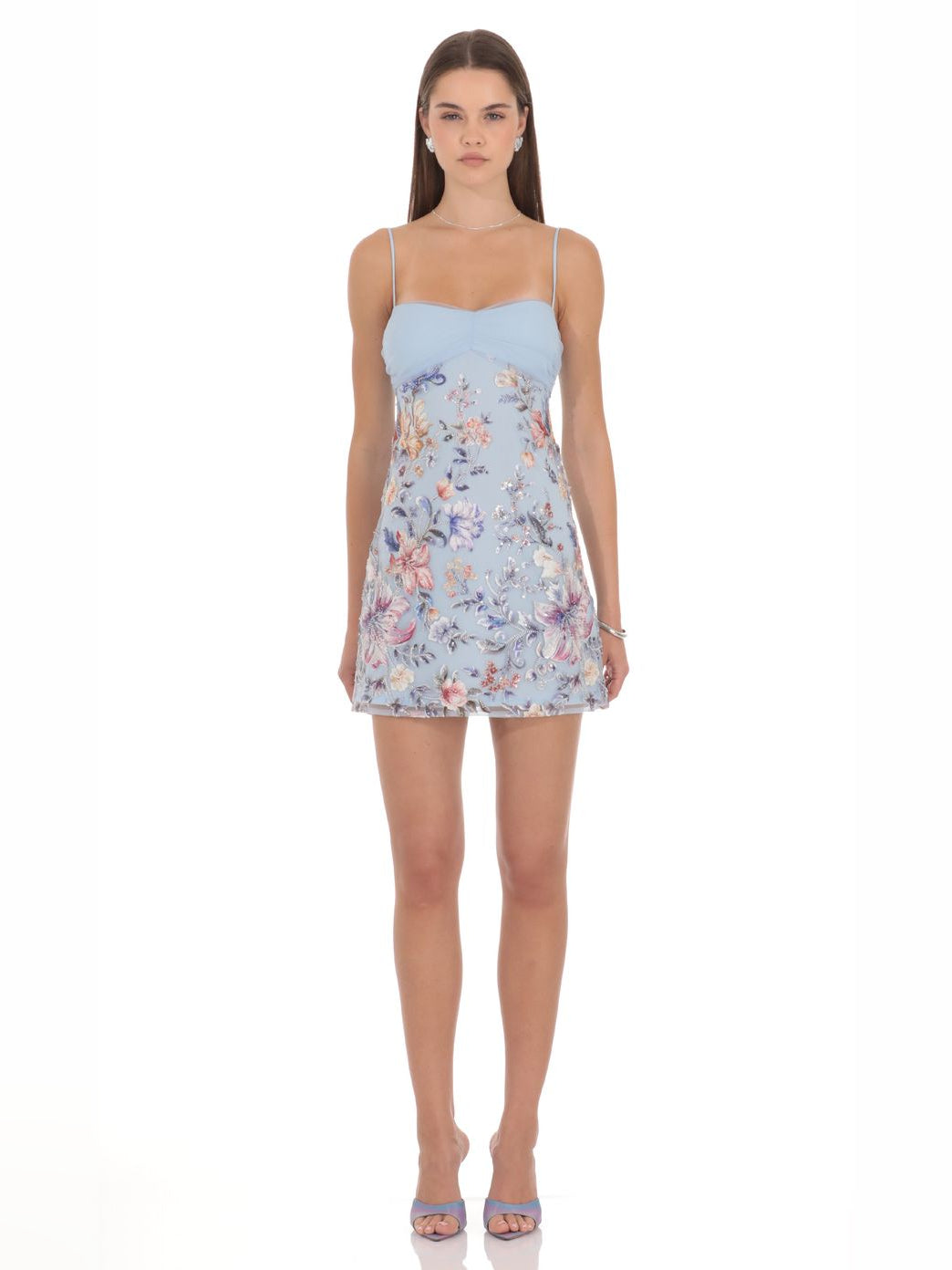 Light blue floral mini dress with straight neckline and ruched bodice, spaghetti straps
