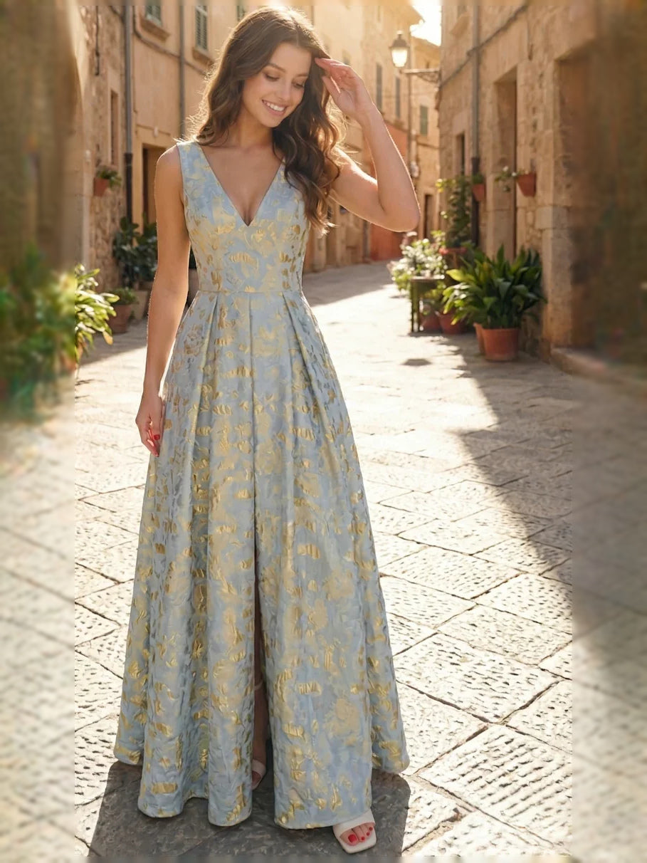 Mist blue floral V-neck A-line prom dress, sleeveless bodice and pleated floor-length skirt