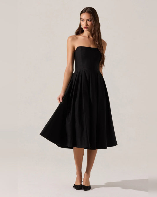 Pleated Strapless A-Line Midi Formal Dress for Cocktail Evening