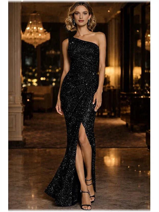 Black one-shoulder metallic mermaid dress with front slit and sparkly drape