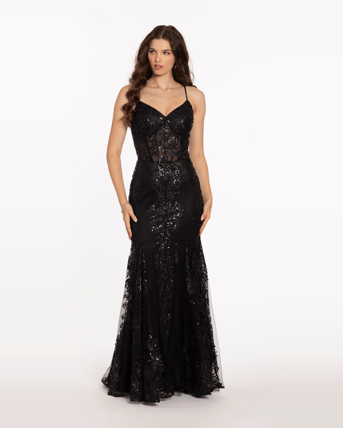 Black glitter sweetheart mermaid prom dress with corset bodice and full-length hem