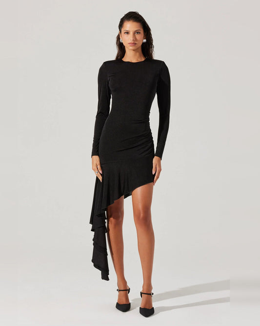 Black fitted ruched mini dress with long sleeves and cascading asymmetrical ruffle overlay