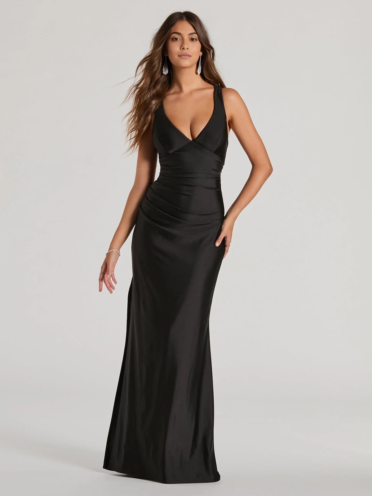 Ruched V-neck mermaid maxi prom dress, black satin with side slit