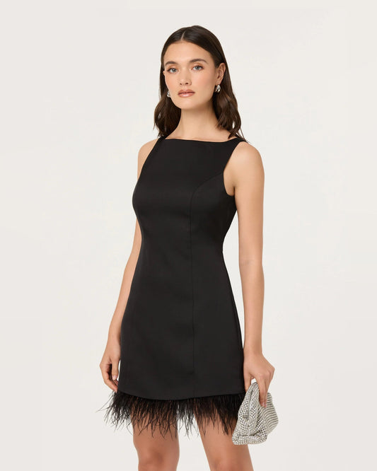 Black A-line mini homecoming dress with spaghetti straps and feather-trim skirt