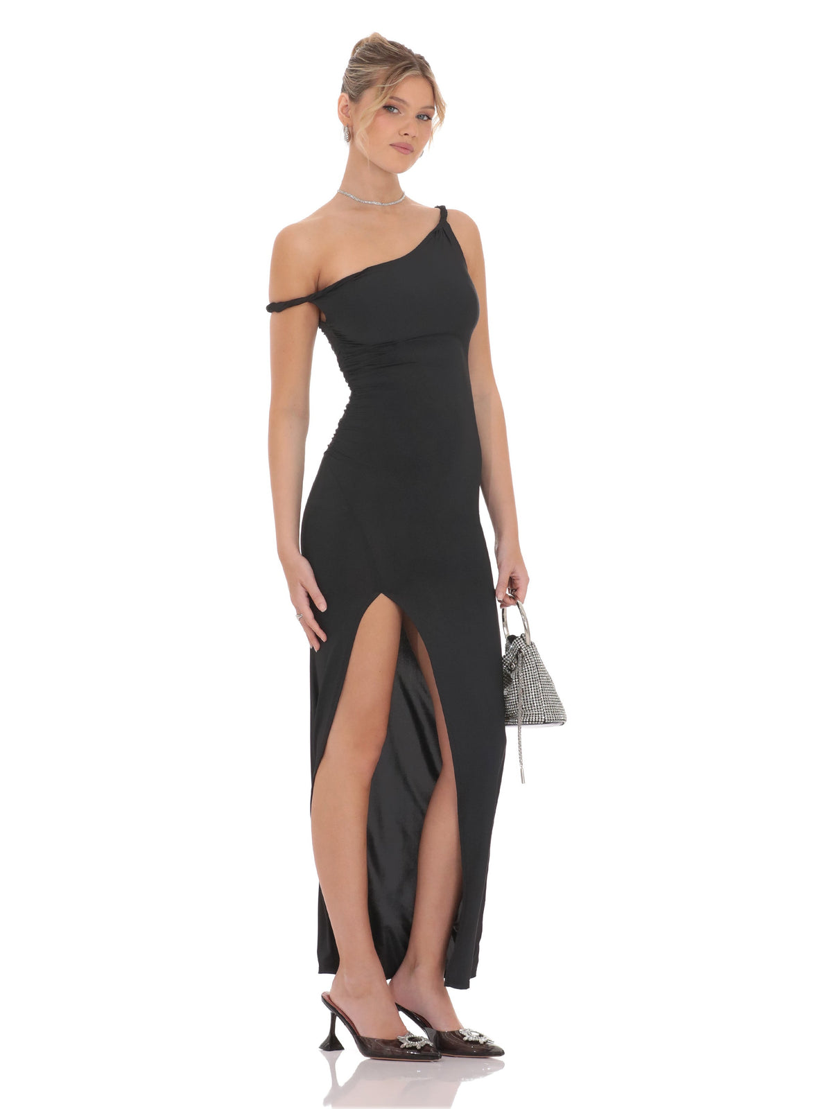 Black one-shoulder maxi dress with front slit and fitted silhouette