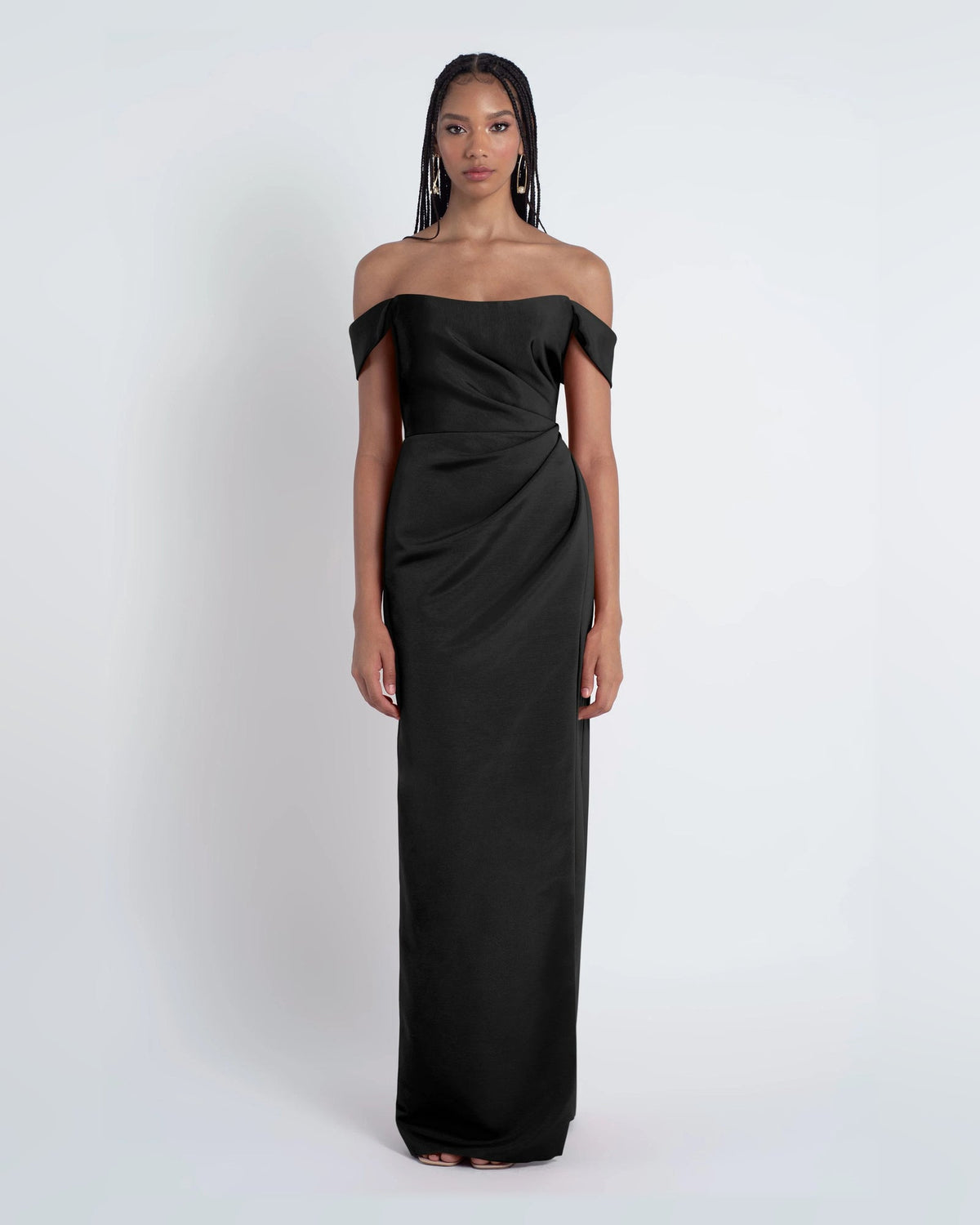 Black off-shoulder A-line formal maxi dress with draped waist