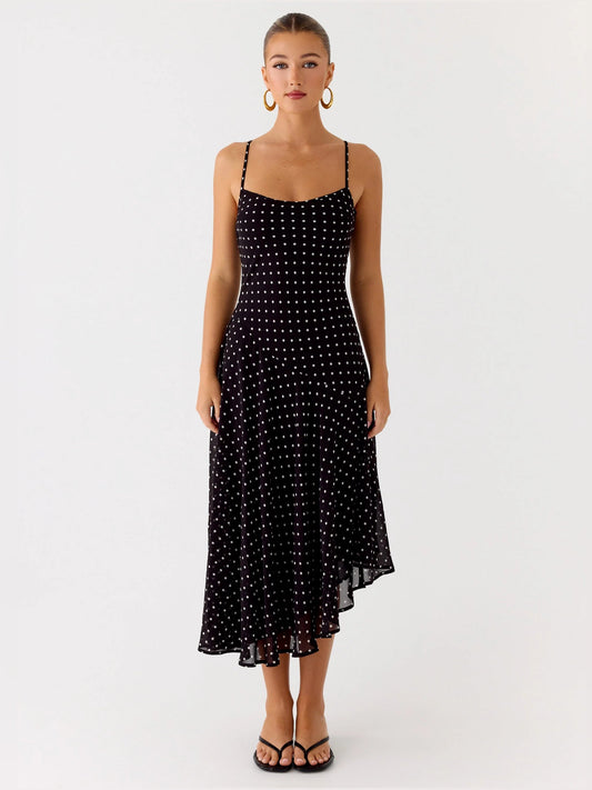 Black midi formal dress front view with spaghetti straps, square neckline, dotted sparkle, asym hem