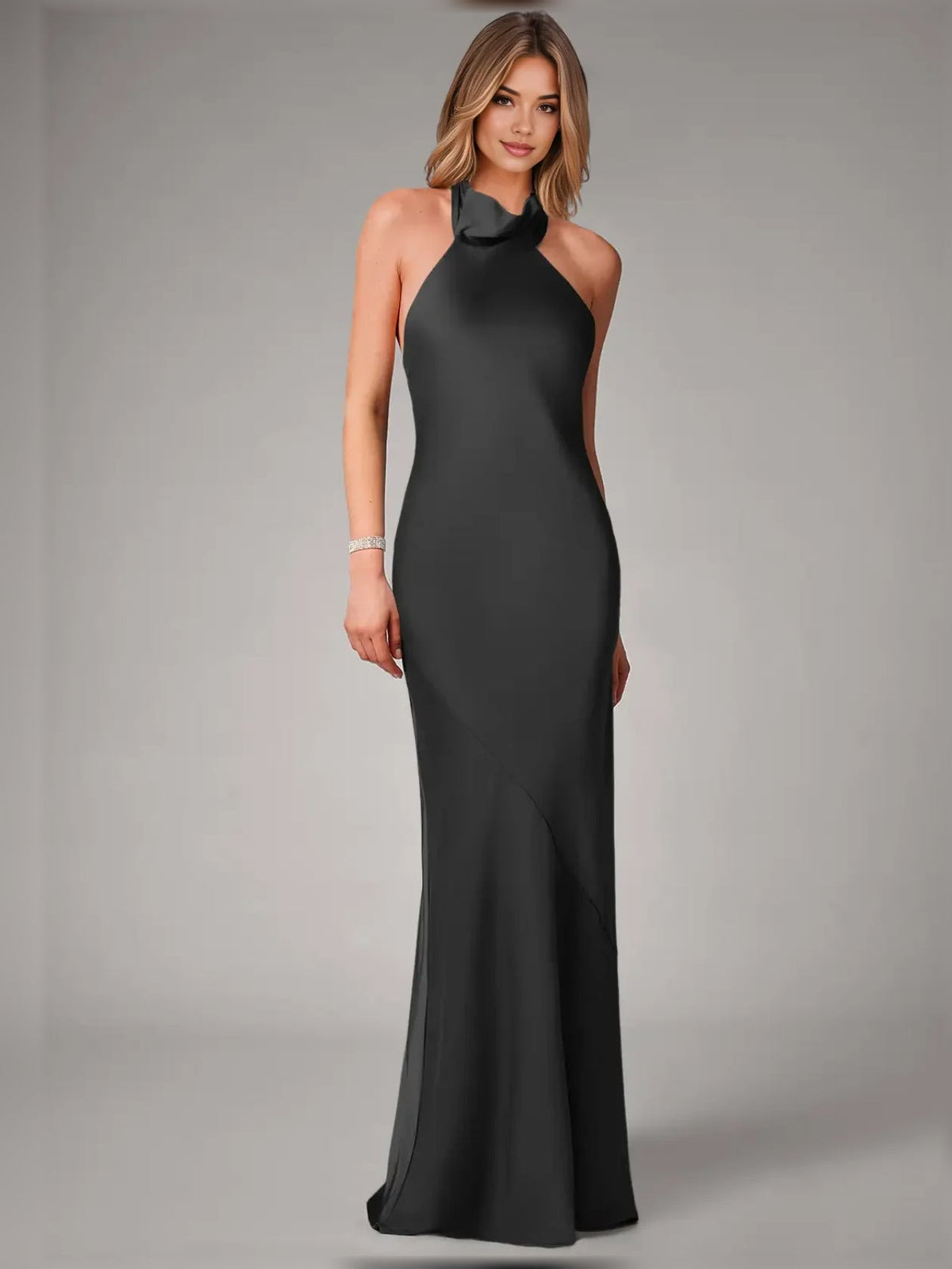 Black satin halter-neck mermaid bridesmaid dress, floor-length