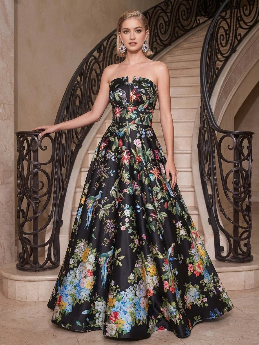 Floral strapless A-line prom dress in dark navy/black satin, floor-length with full skirt