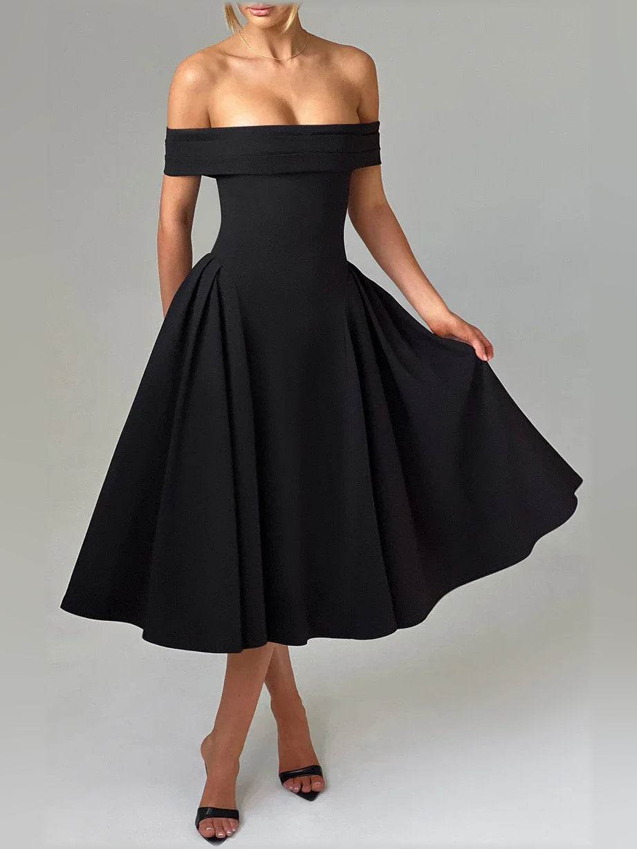 Black off-the-shoulder A-line midi formal dress with wide neckline and flared skirt