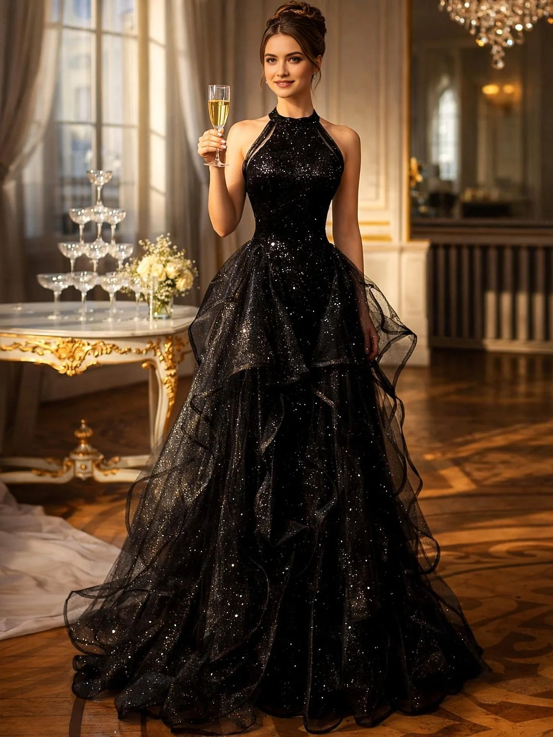 Black halter prom dress with cut-out bodice, glittery tulle layers, and flowing mermaid hem