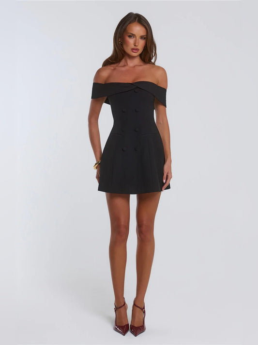 Black off-shoulder mini homecoming dress, front view with fitted bodice and flared skirt.