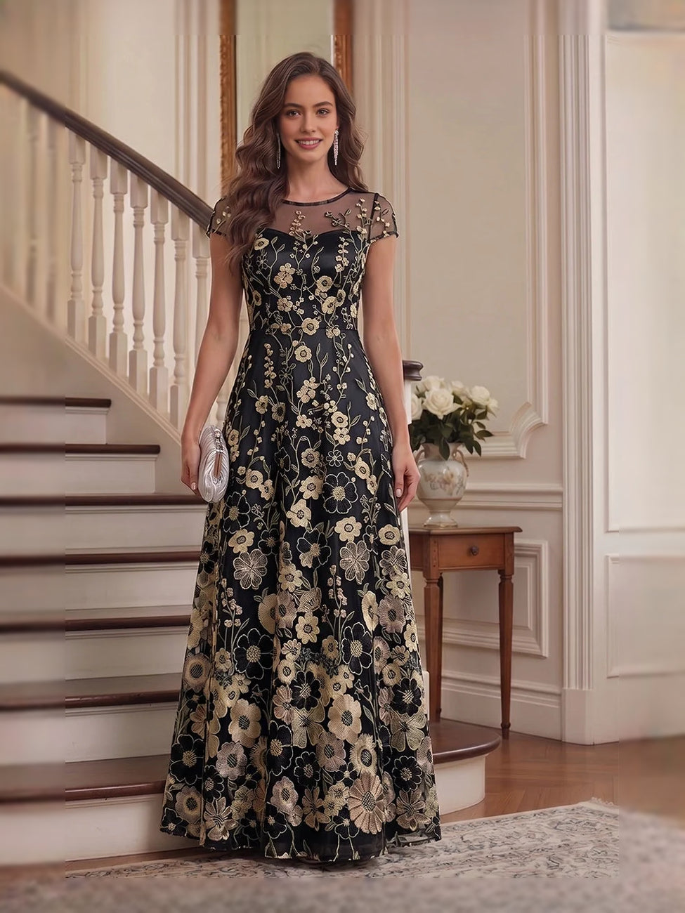 Black embroidered floral cap-sleeve A-line tulle floor-length dress, front view
