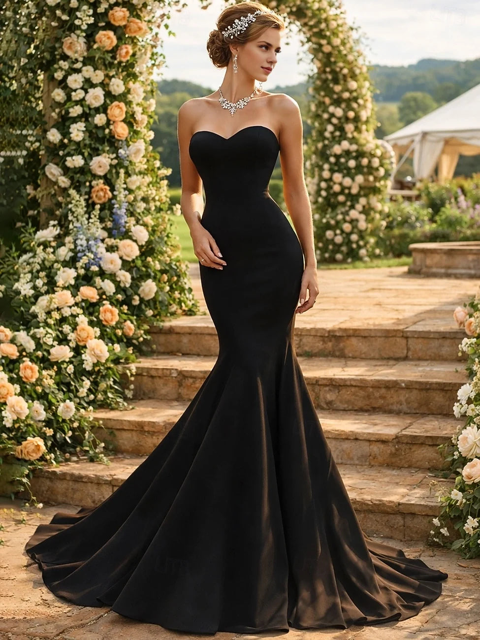 Black strapless sweetheart satin mermaid maxi prom dress, front view