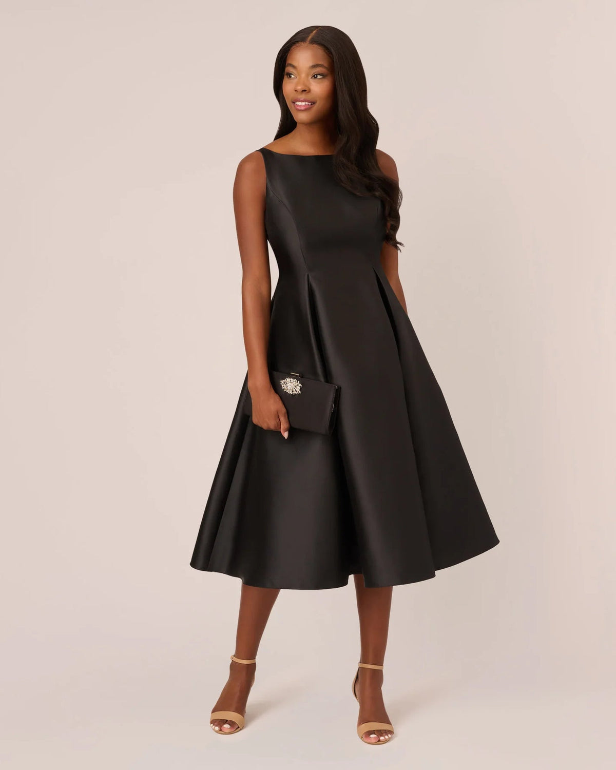 Sleeveless fit-and-flare midi dress in black, scoop neckline with flared A-line skirt