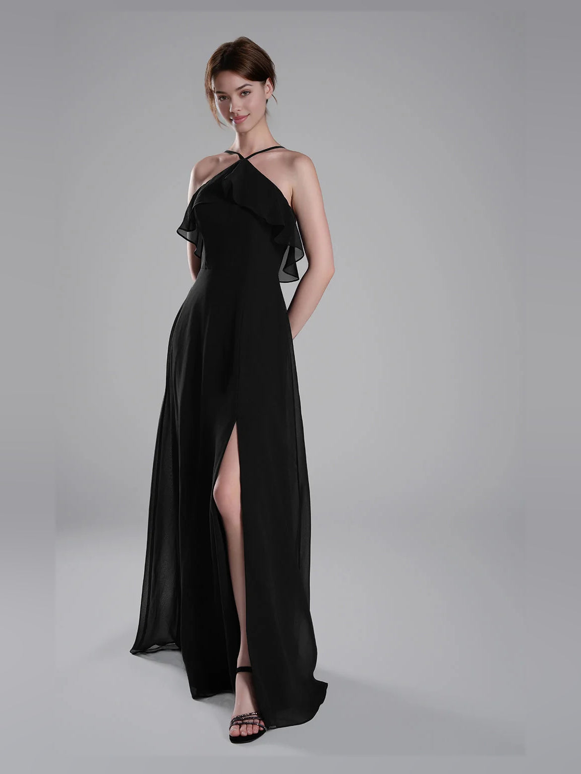 Black chiffon bridesmaid dress with halter neckline, ruffled bodice, and long side slit