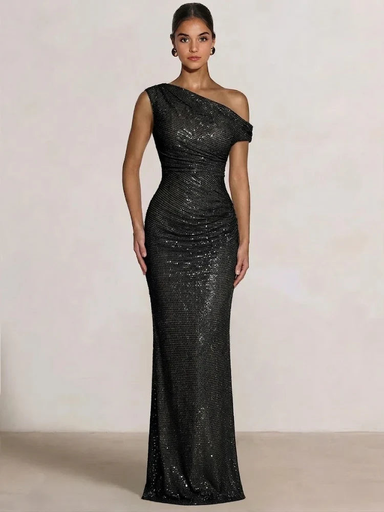 One-shoulder ruched mermaid formal dress, black sequin floor-length gown