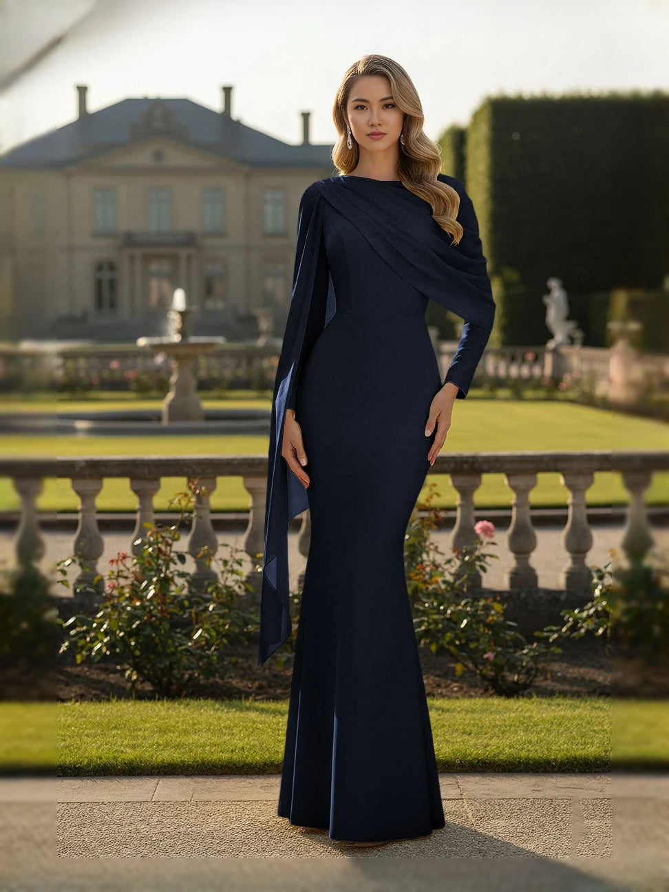 Dark navy satin mermaid gown with bateau neckline, long sleeves, draped pleats, side slit