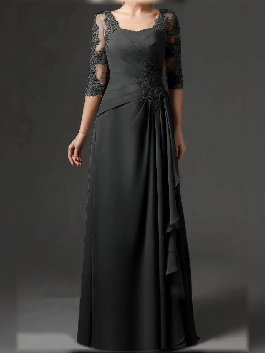 Black chiffon A-line mother of the bride dress with square neck, lace 3/4 sleeves, draped ruffle.