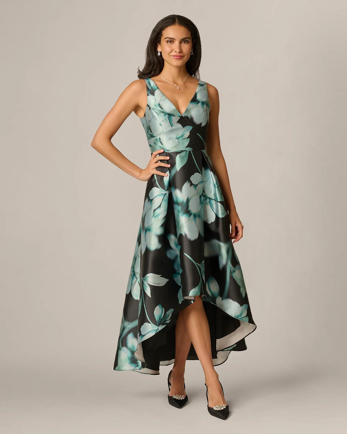 Floral print maxi dress with spaghetti straps, fitted waist, high-low A-line hem