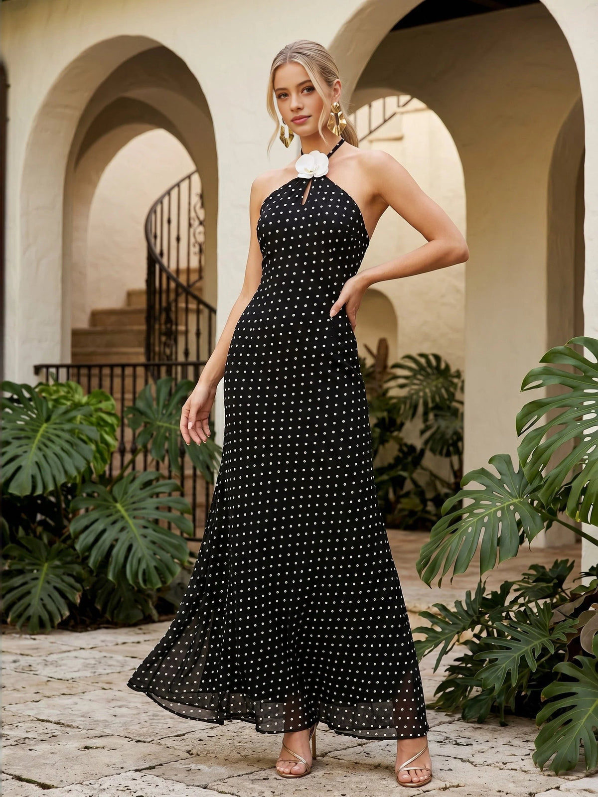 Black halter neck maxi sheath dress with white speckled print and white neckline bow