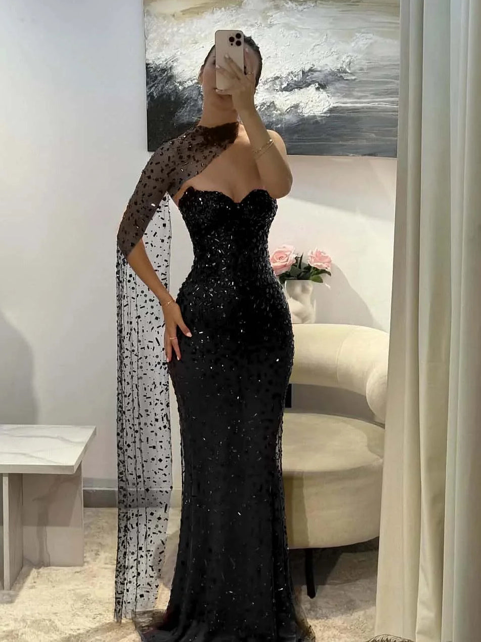 Black sequin sweetheart mermaid prom dress with cut-out back, floor-length