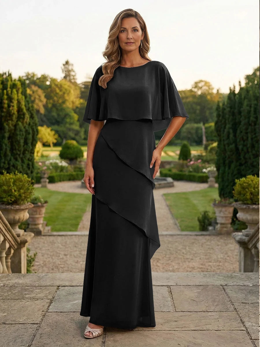 Layered boat-neck chiffon dress, black with ruffle overlay