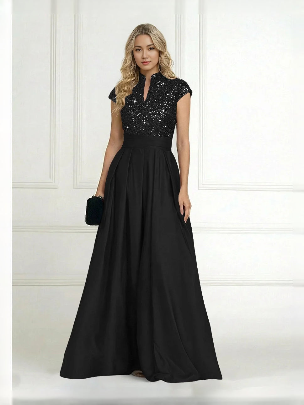 Black high-neck A-line sequin satin dress with pleated skirt and cap sleeves