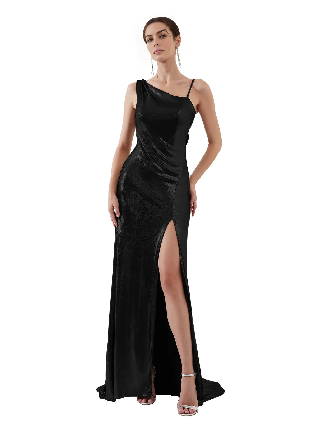 Black one-shoulder satin mermaid gown full length with high side slit