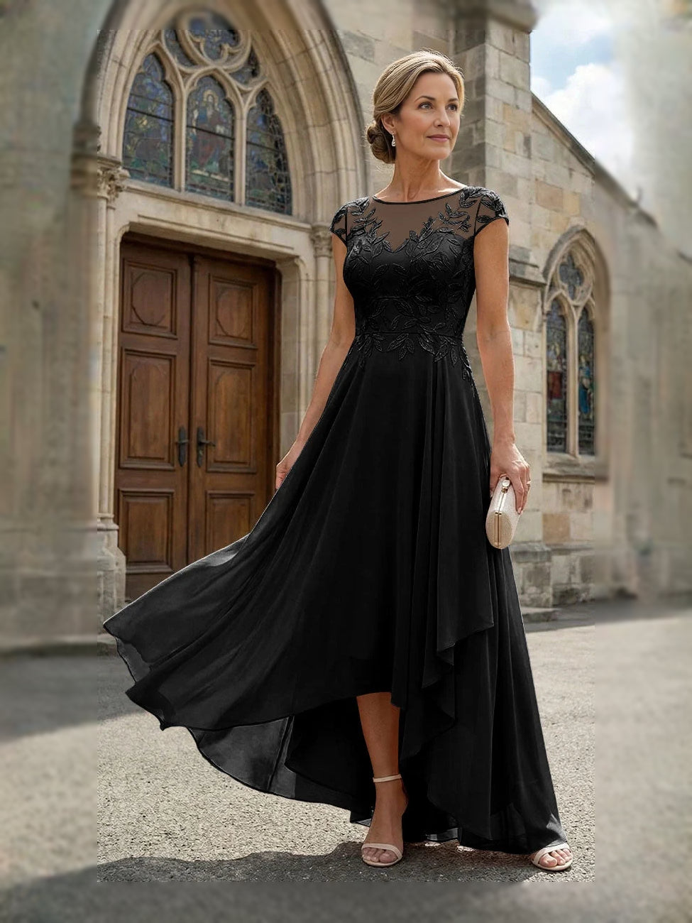 Black chiffon mother-of-bride dress with embroidered bodice, V-neck, cap sleeves, high-low skirt