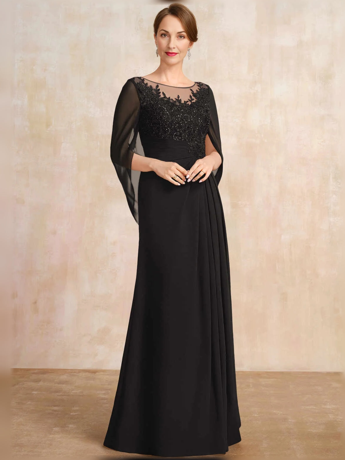 Black chiffon A-line mother-of-the-bride dress with lace illusion neckline and draped sleeves