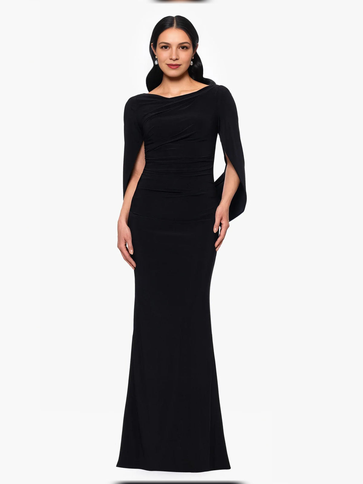 Black off-shoulder mermaid evening dress with ruched drape, floor length