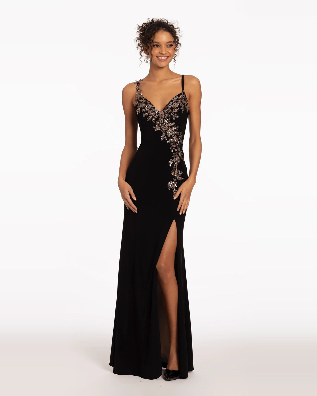 Black sweetheart maxi dress with floral applique bodice and front slit